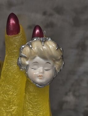 OOAK Porcelain Doll Head Ring – Adjustable Soft Solder Statement Ring – Upcycled